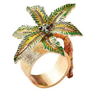 Palm Coast Napkin Ring in Green & Gold, Set of 4 in a Gift Box