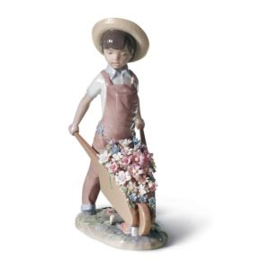Wheelbarrow with Flowers Boy Figurine