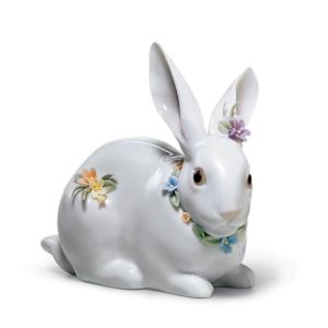 Attentive Bunny with Flowers Figurine