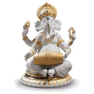 Mridangam Ganesha Figurine. Golden Lustre