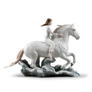 Riding her horse on the seashore Horse & Woman Figurine