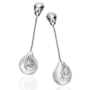White Gold Earrings with drop shape flat Coin Pearls with Diamonds