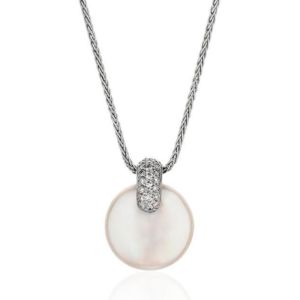 White Diamond Necklace with Round Flat Coin Pearl