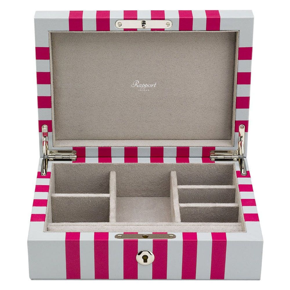 Jewellery Box Grey with Dark Pink Stripes