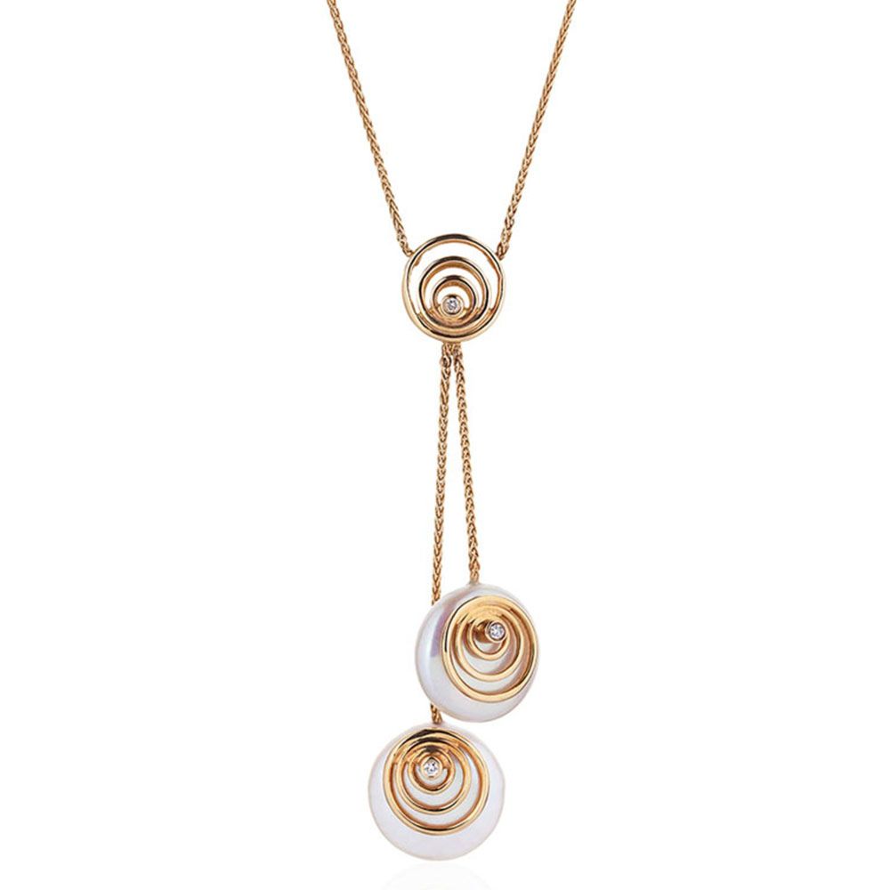 Yellow Gold Necklace with Round Flat Coin Pearls